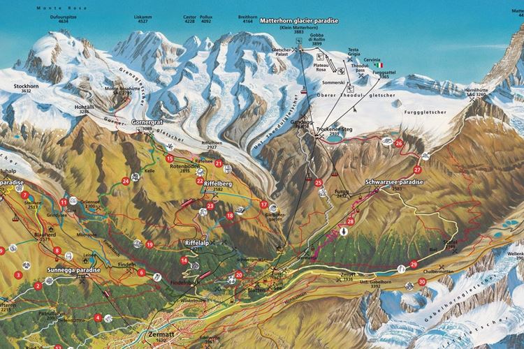 Švýcarsko - letní mapa oblast Zermattu