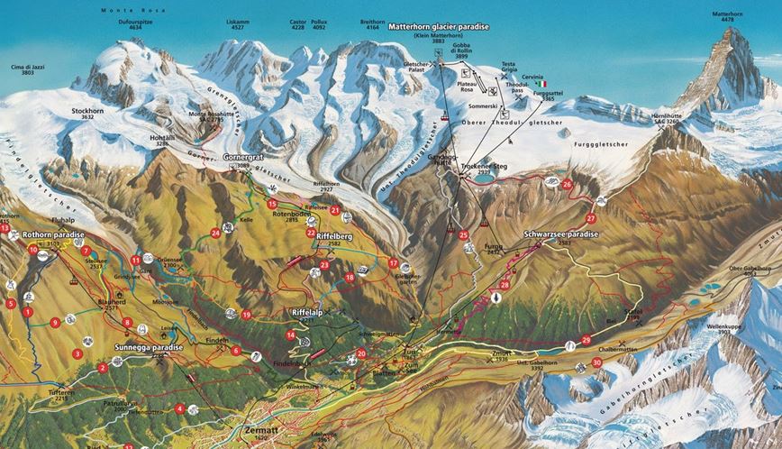 Švýcarsko - letní mapa oblast Zermattu